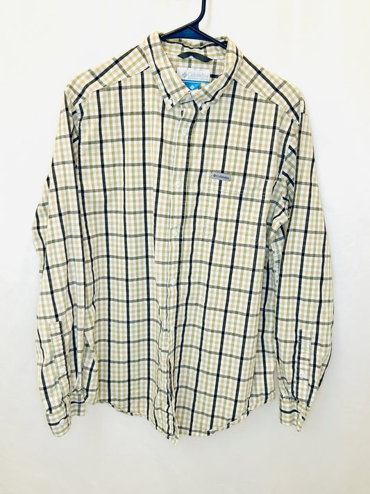 Columbia Plaid Button Up Shirt Long Sleeve Outdoor Casual Yellow White Medium