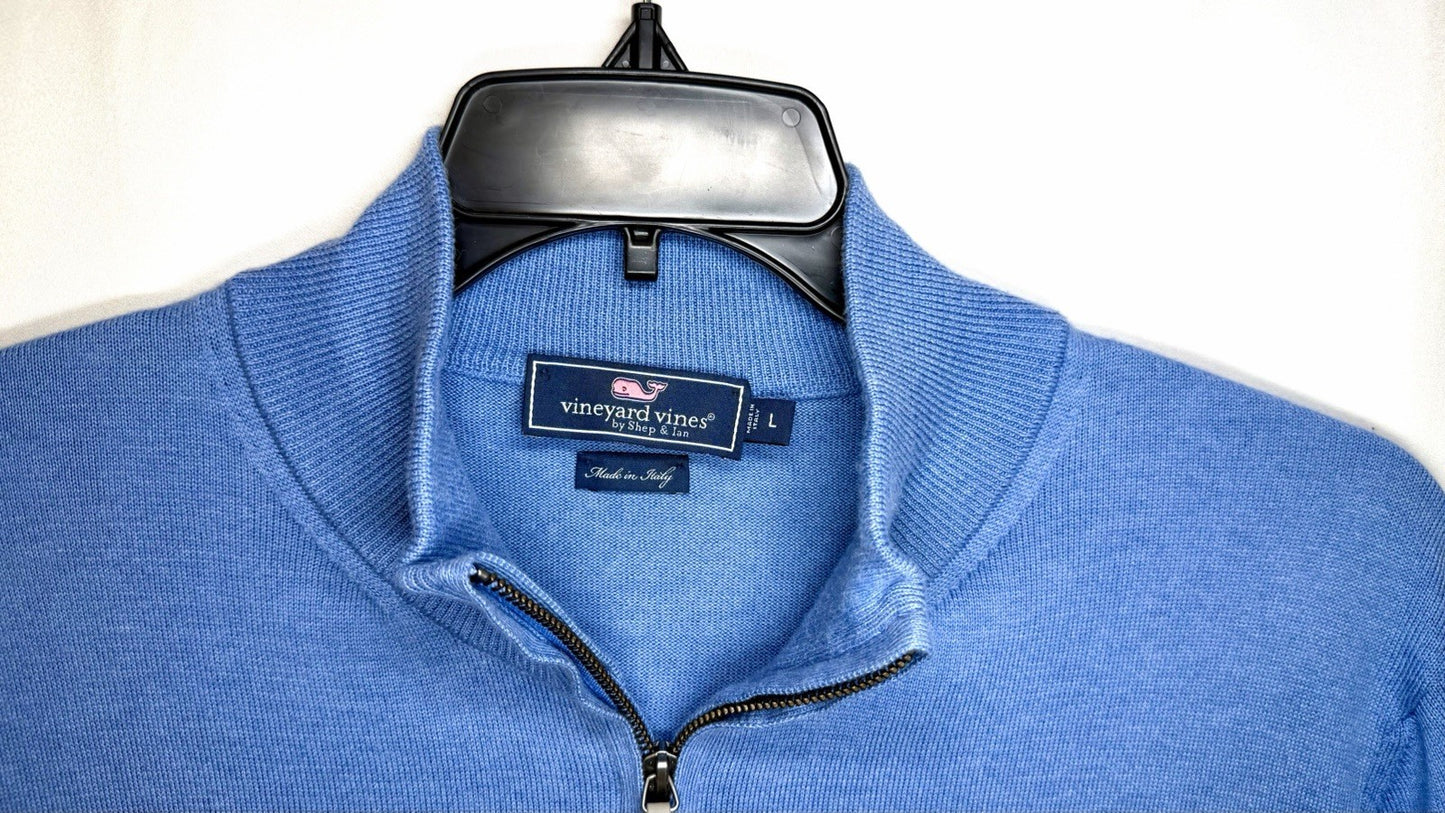 VINEYARD VINES MEN’S LARGE CASHMERE Cotton Blend 1/4 ZIP SWEATER Blue