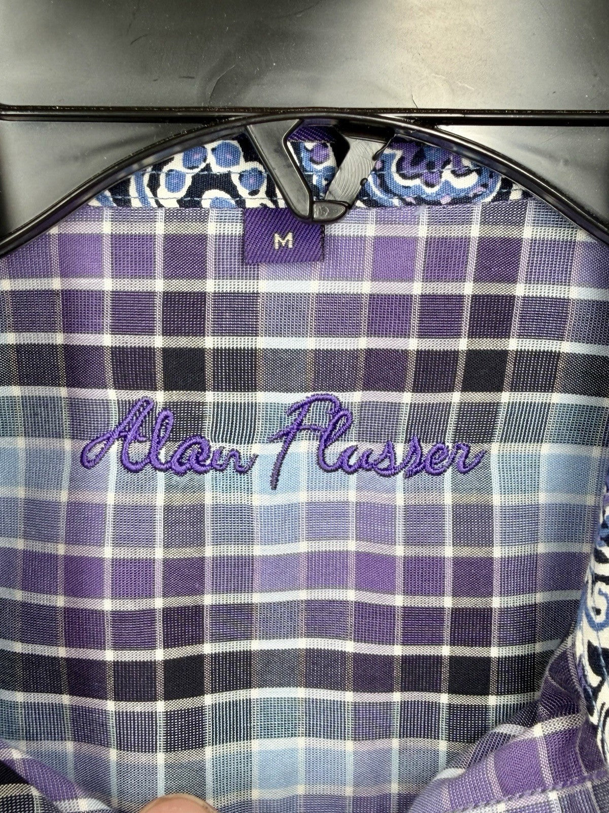 Alan Flusser Mens Medium M Purple Plaid Paisley Trim LS Button Front Sport Shirt