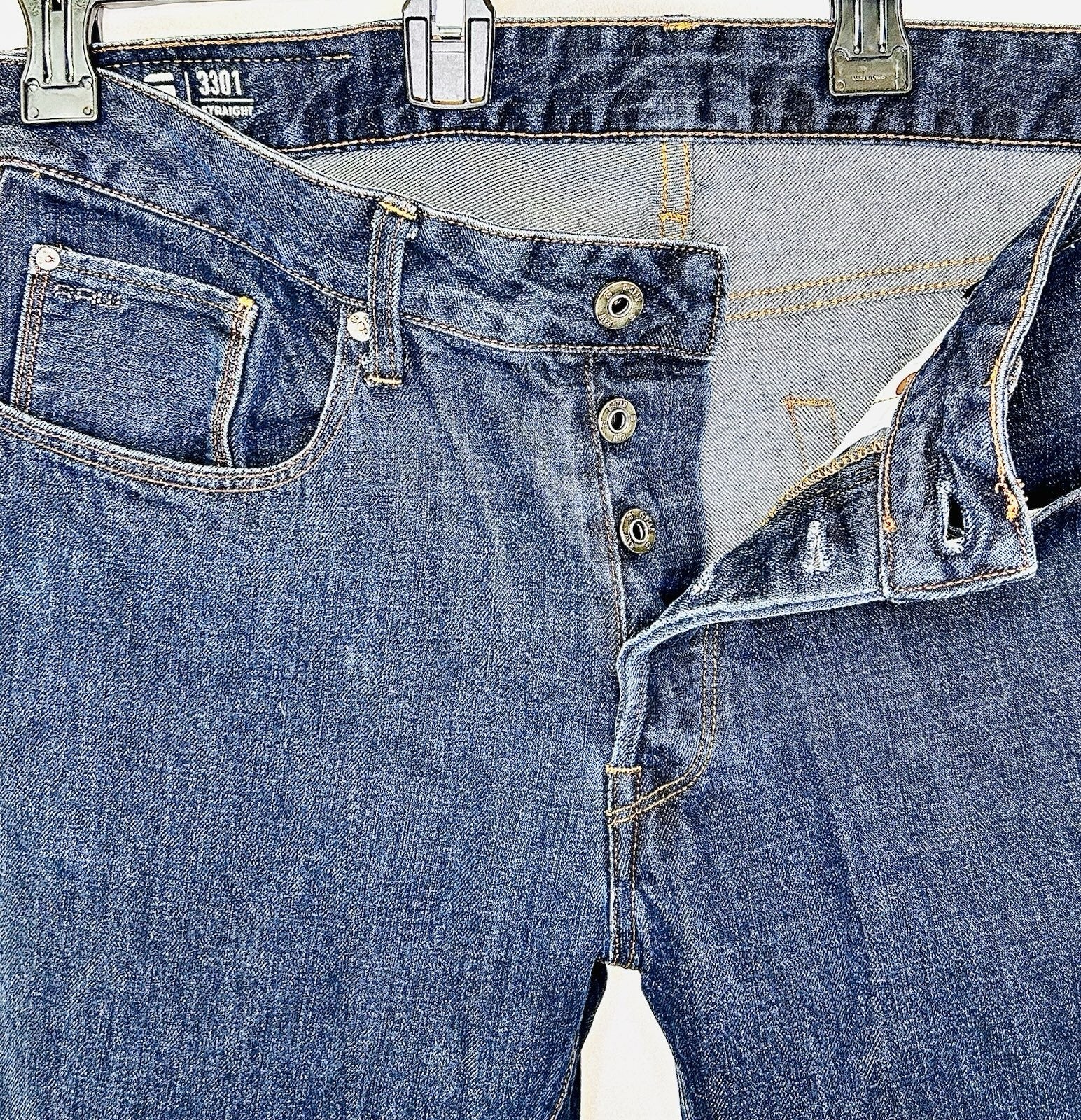 G-Star Raw Jeans Men’s 34x30 Blue Denim Slim 3301 Straight (Tag Reads 34/32)