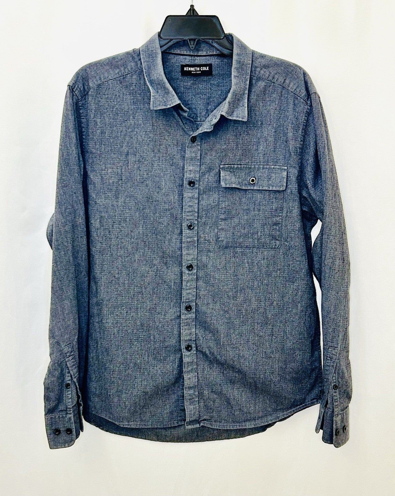 Kenneth Cole New York Men's Large Embroidered Button Up Shirt Gray Cotton