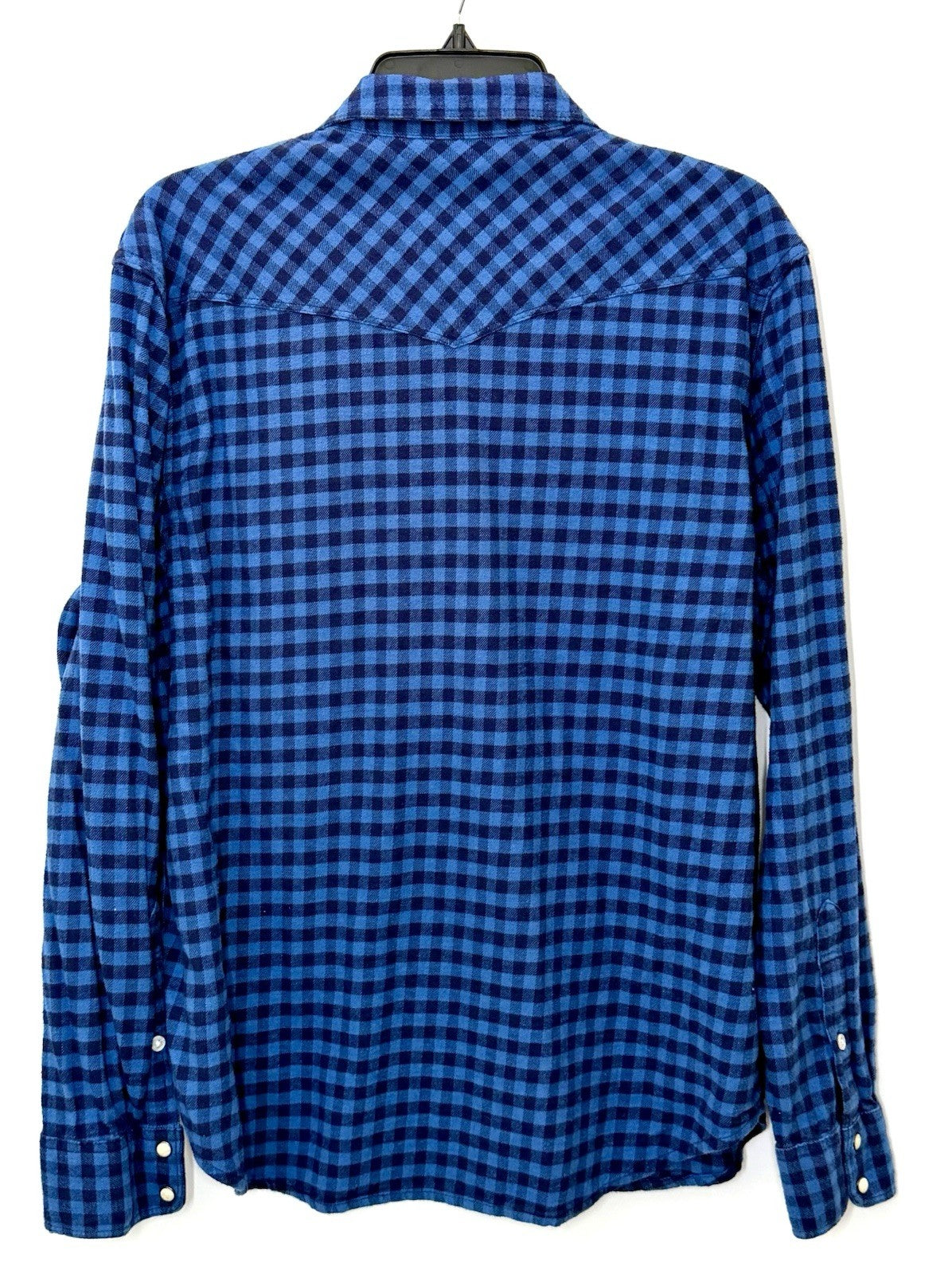 Lucky Brand Saturday Stretch Blue Plaid Men’s Large Pearl Snap Flannel Shirt