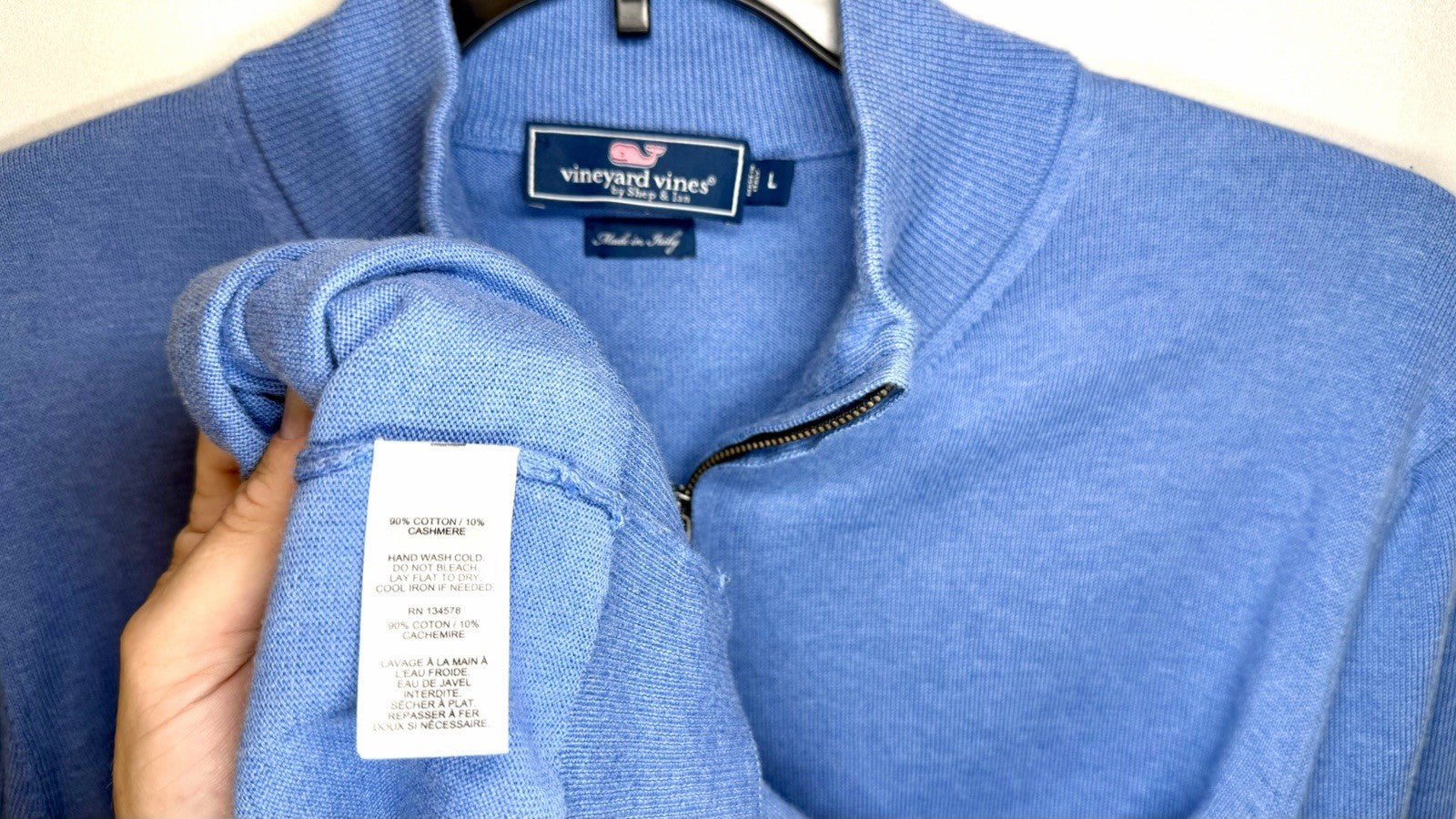 VINEYARD VINES MEN’S LARGE CASHMERE Cotton Blend 1/4 ZIP SWEATER Blue