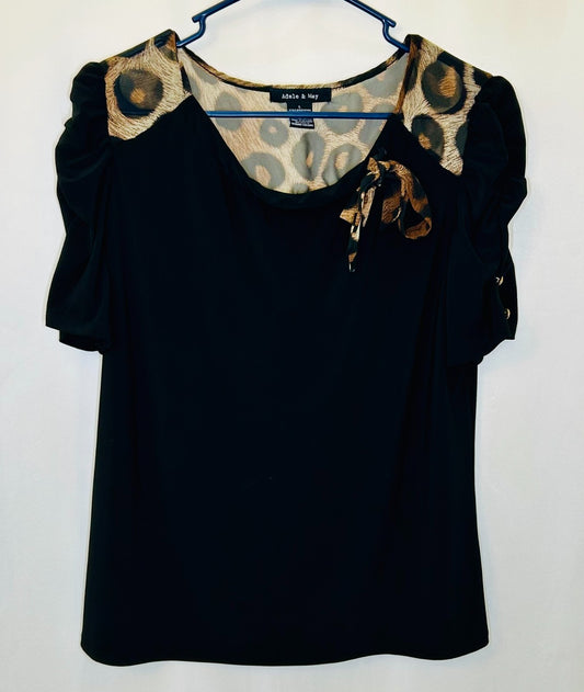 Adele & May Black Leopard Bow Tie Jersey Knit Blouse Top Large