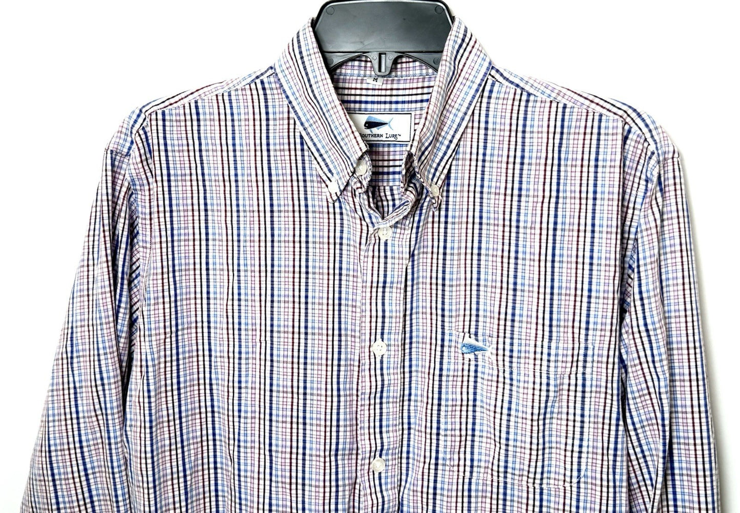 Southern Lure Shirt Men Large Long Sleeve Button Up Red White Blue Check w Logo