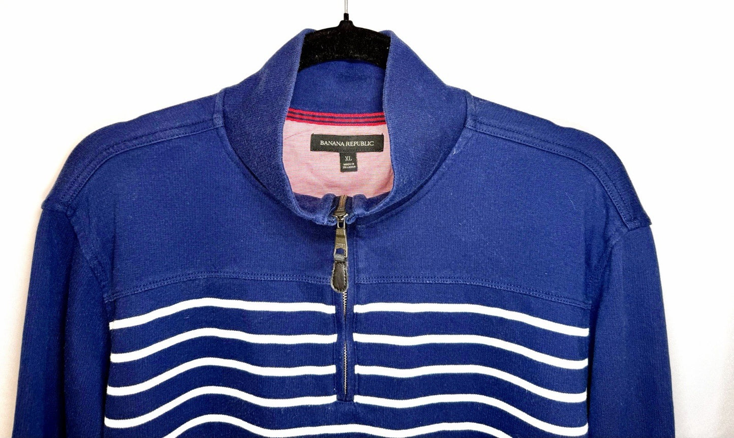 Banana Republic Sweatshirt Men’s XL Blue White Stripe Knit 100% Cotton 1/4 Zip