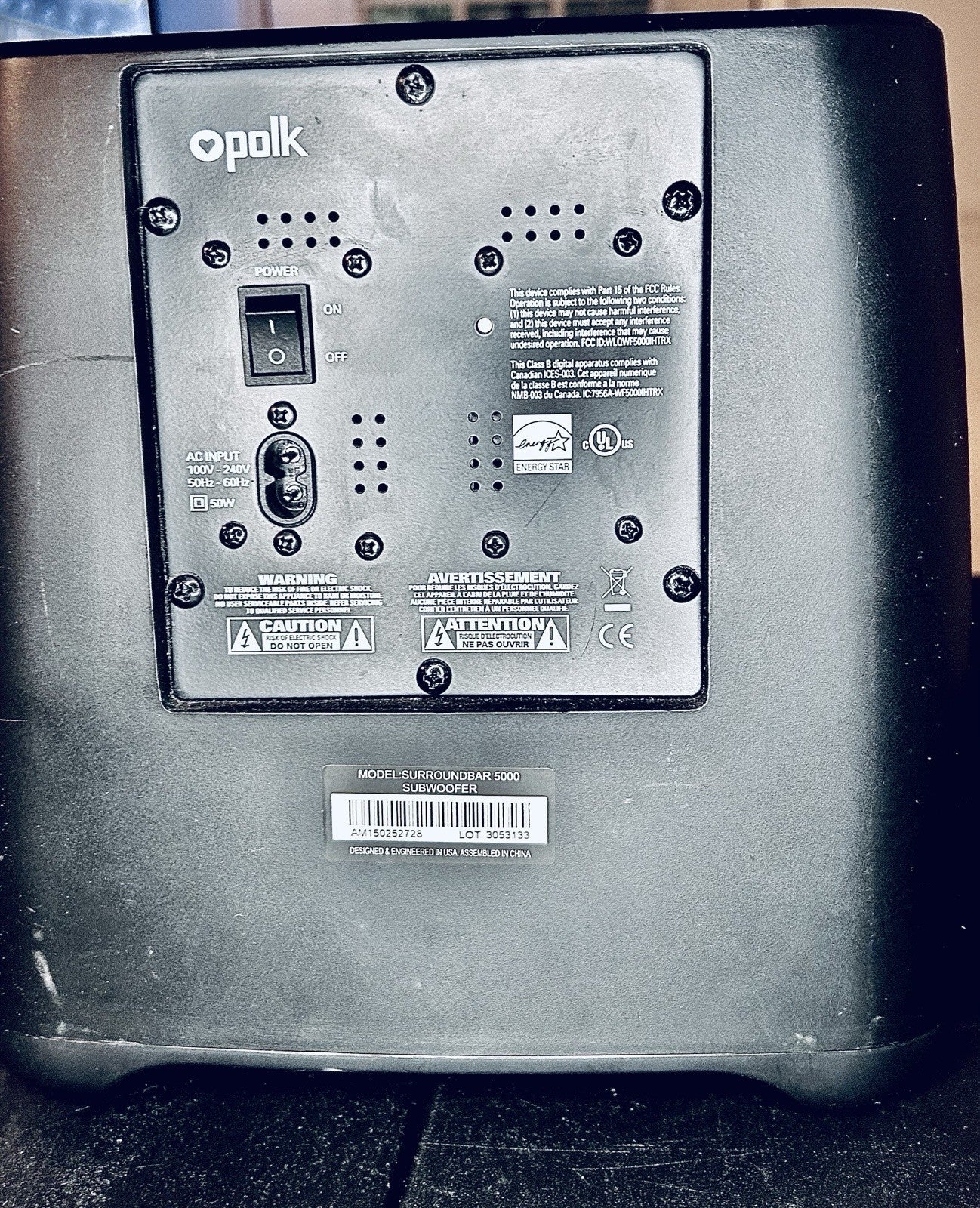 Polk-Audio Surroundbar 5000 Subwoofer Only Black Speaker - Powers On & Works!