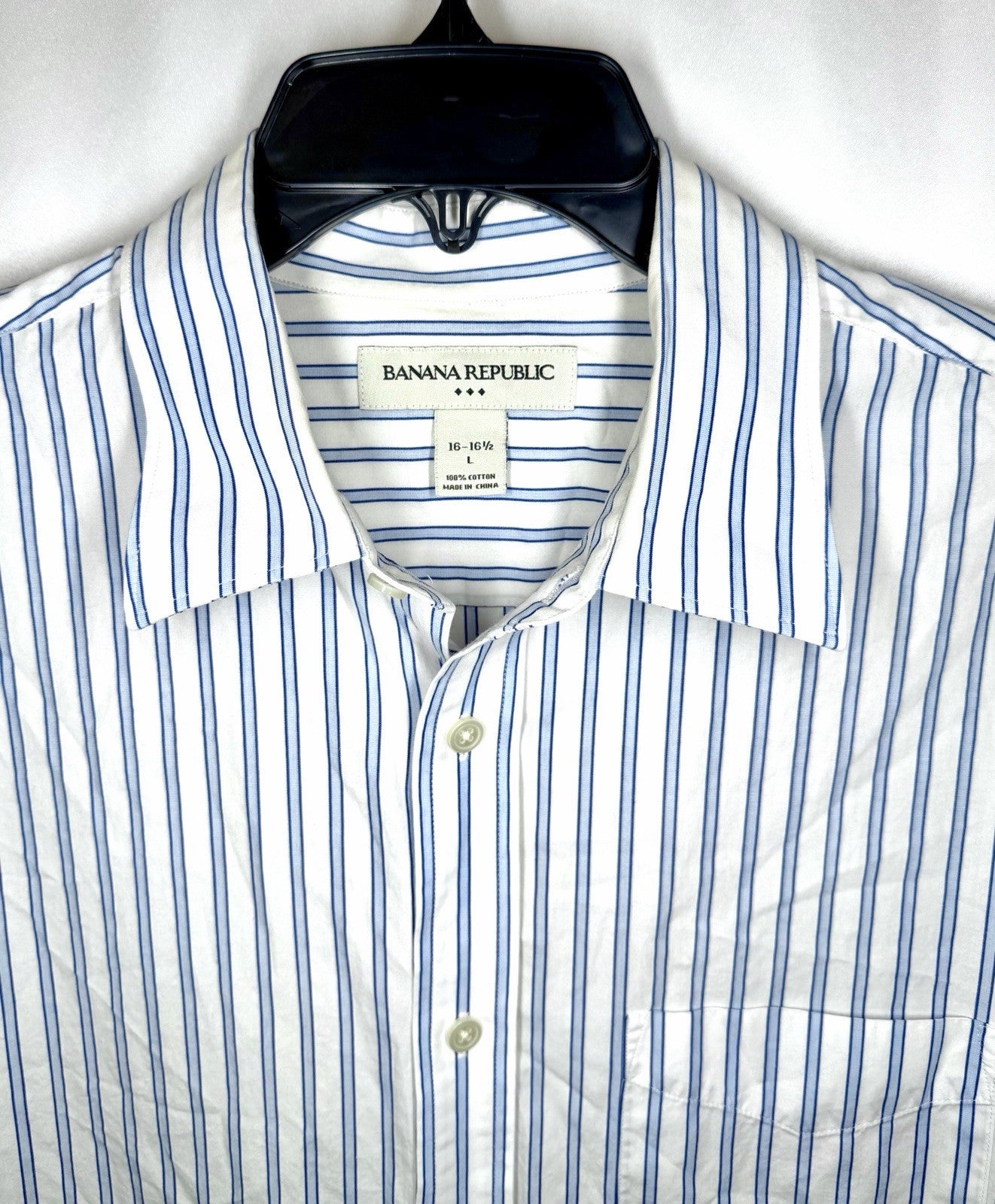 Banana Republic Shirt Men’s L 16-16.5 Button-Up Blue Striped Long Sleeves Cotton