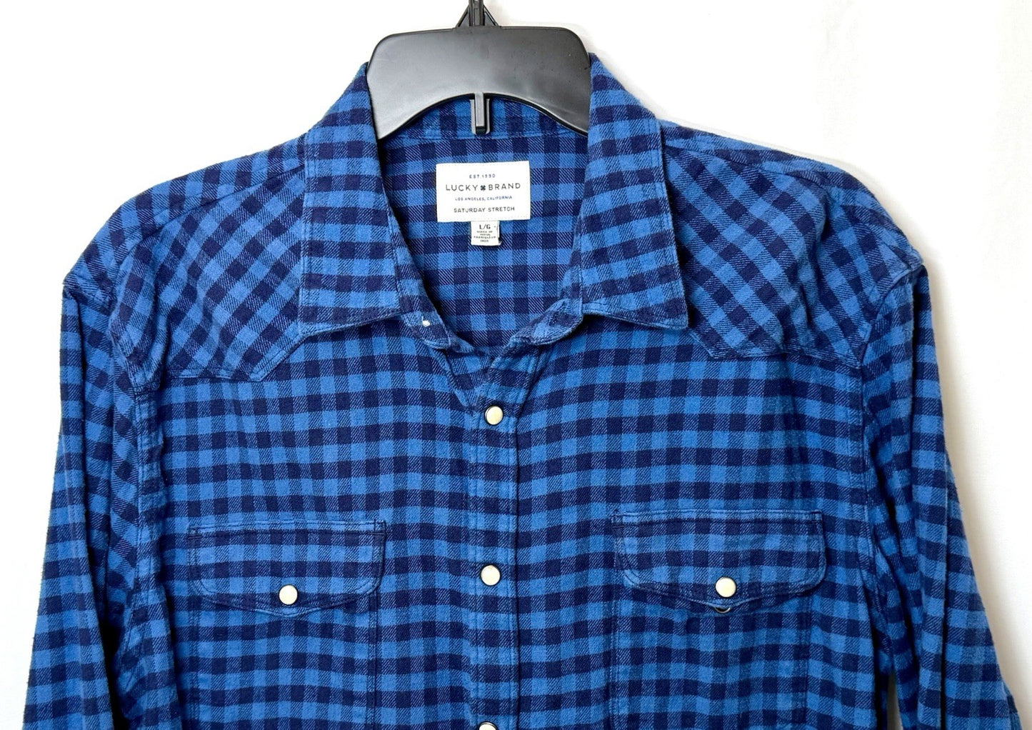 Lucky Brand Saturday Stretch Blue Plaid Men’s Large Pearl Snap Flannel Shirt