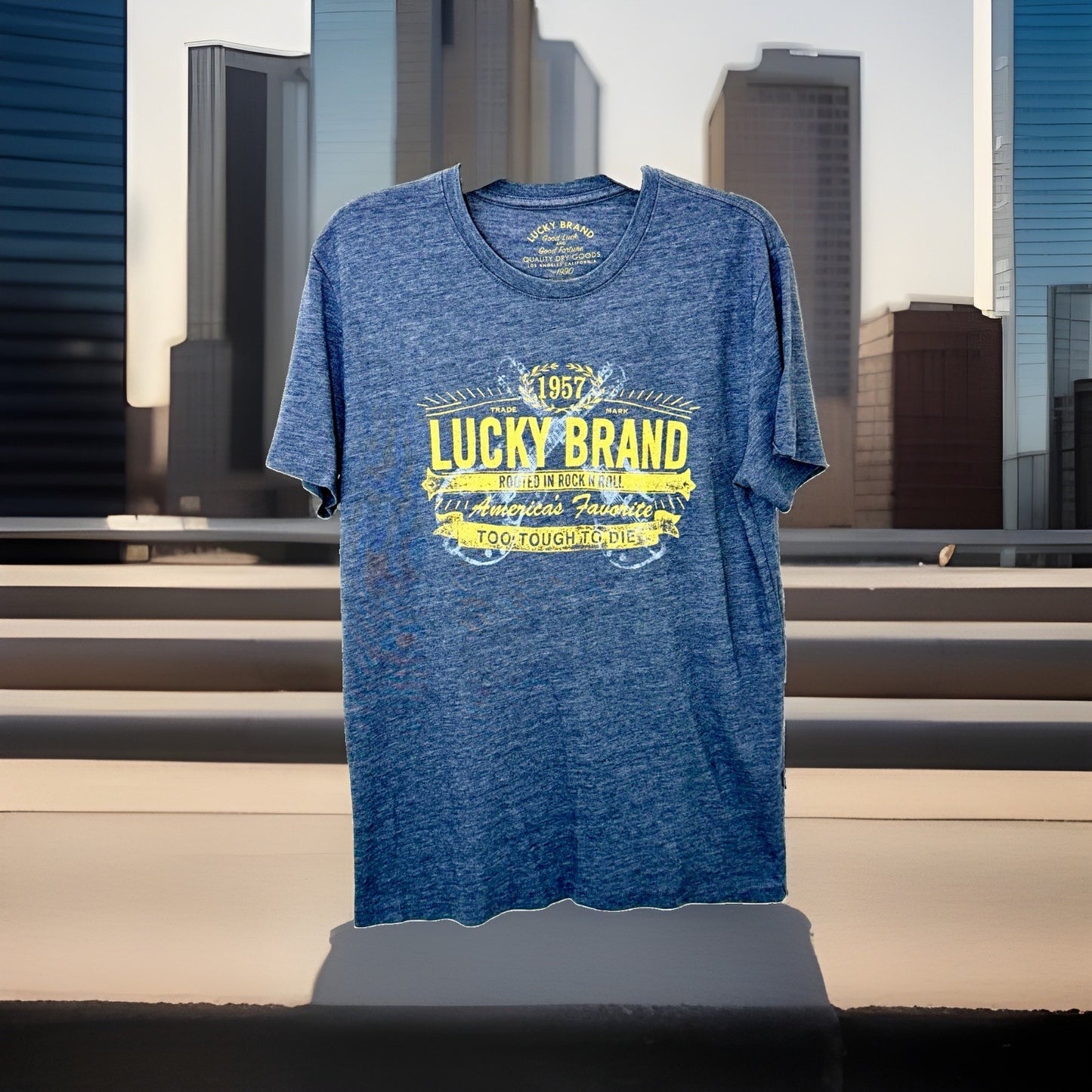 Lucky Brand Blue Heathered Graphic Tee T-Shirt  “Rooted In Rock & Roll Size M
