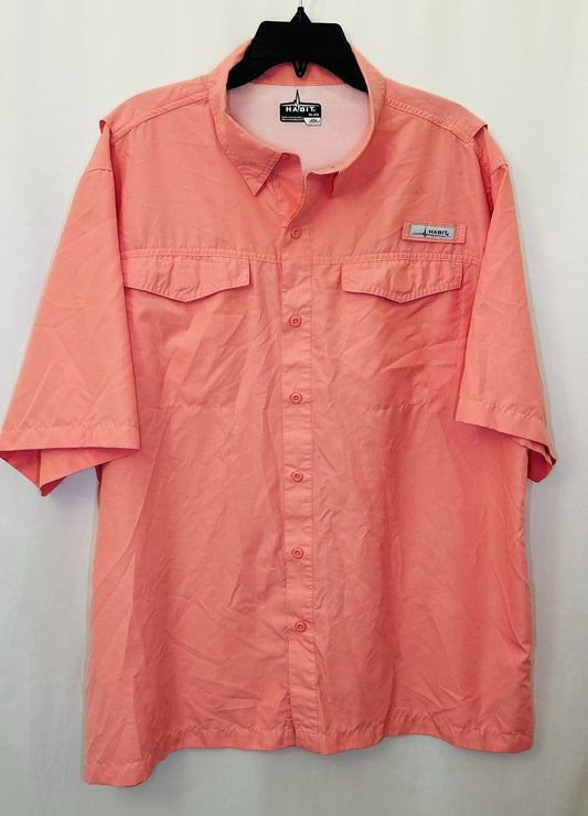 Habit Mens Short-Sleeve Button-Front Shirt, Salmon Red, UPF 40+, Size XL, EUC