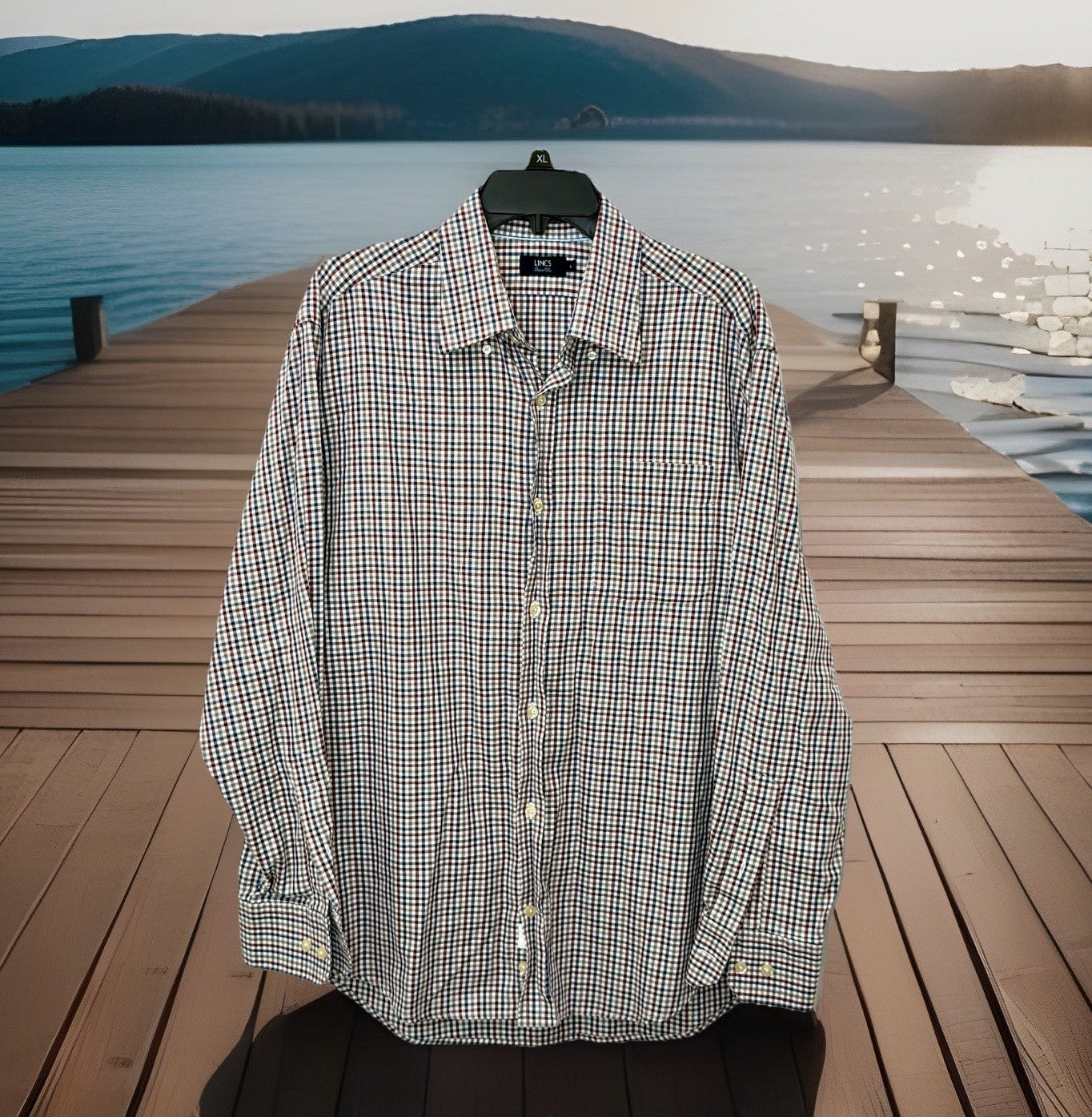 Lincs by David Chu Men’s Large L/S Button Down Shirt Red Blue Plaid Cotton