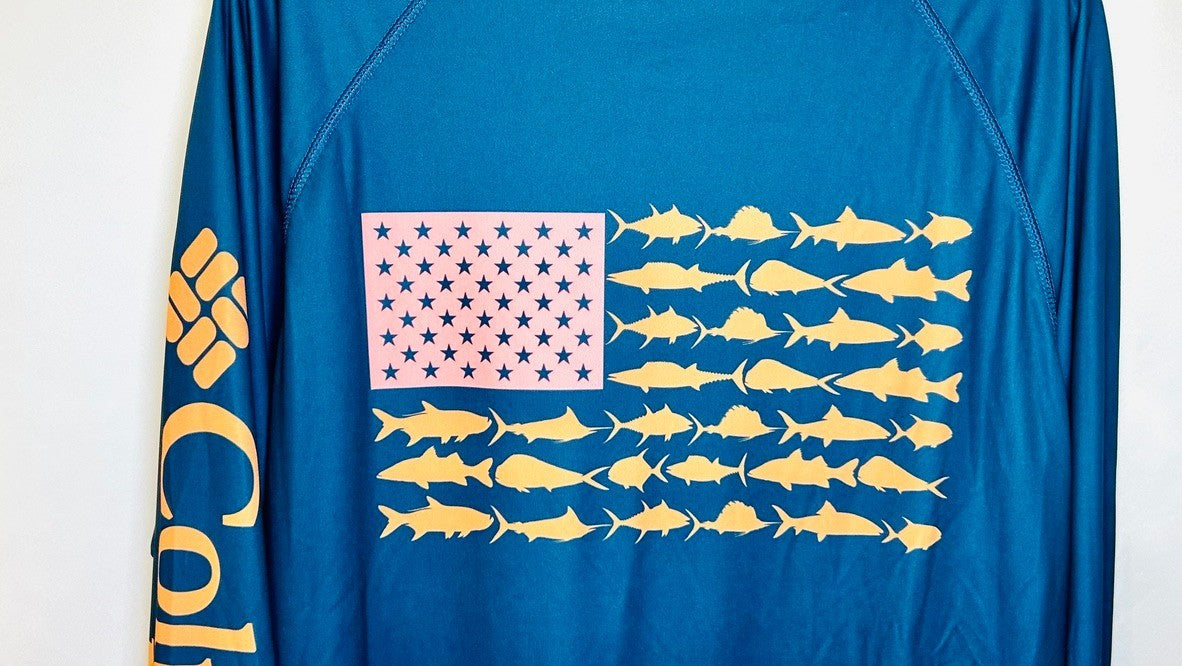 Columbia Fishing Shirt Mens Long Sleeve Fish USA Flag Blue Size Medium