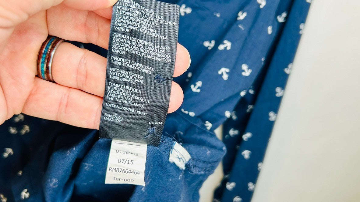 Tommy Hilfiger Women's Large Blue Button Up Shirt Anchor Print Top Long Sleeve
