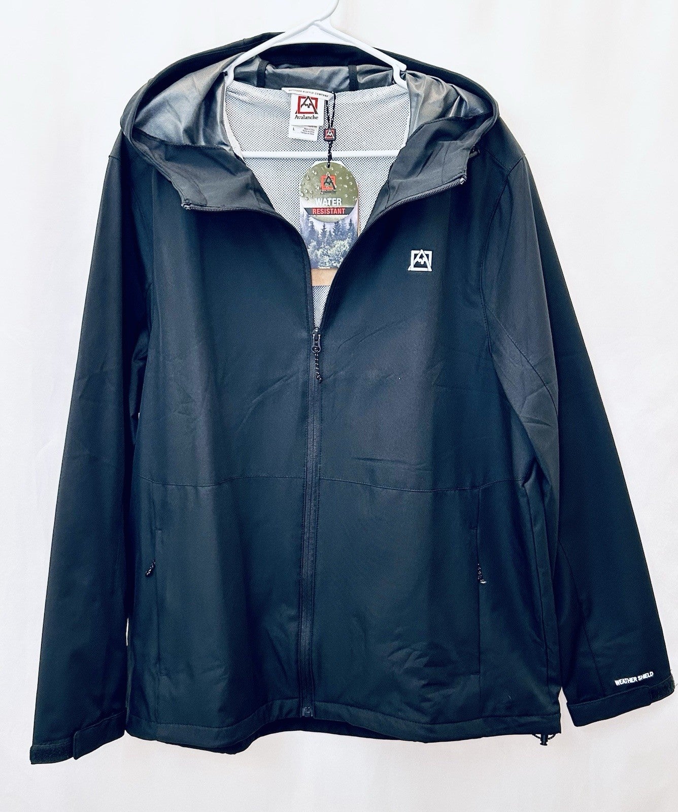 NWT Men’s Avalanche Rain Jacket Full Zip Weather Shield Hooded Black Men’s Large