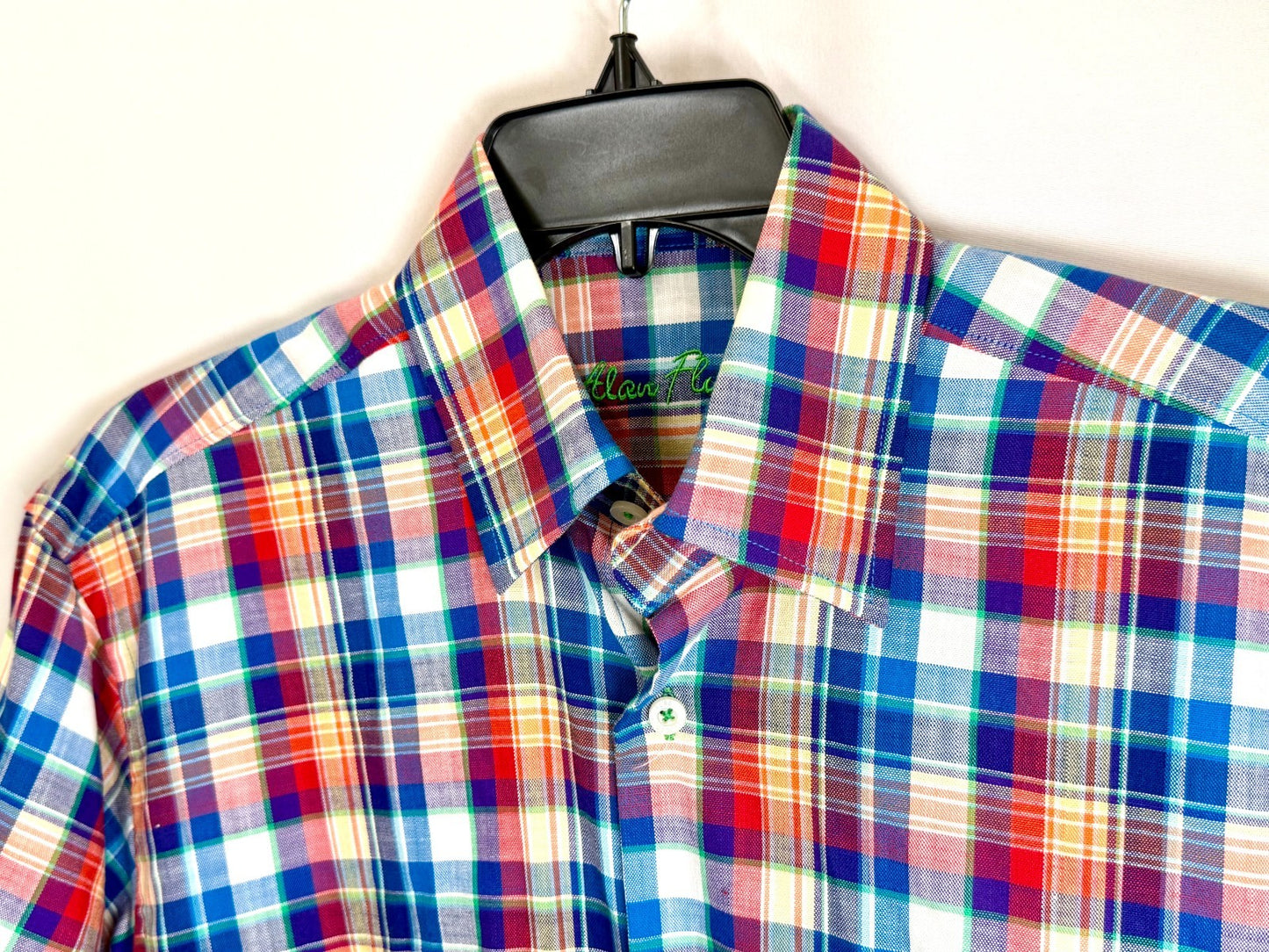Alan Flusser Men's Small Plaid Short Sleeve Button Down Shirt 100% Cotton RN9793