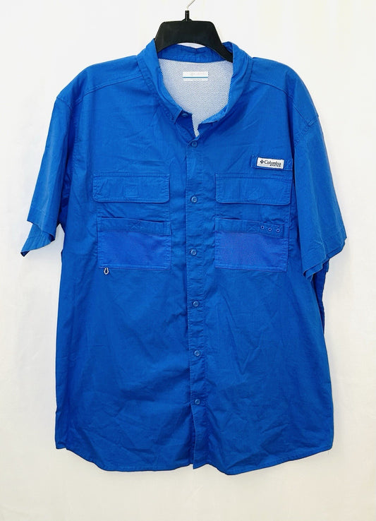 Columbia PFG Short Sleeve Shirt Sz XL Vivid Blue Fishing Button Down Vented 