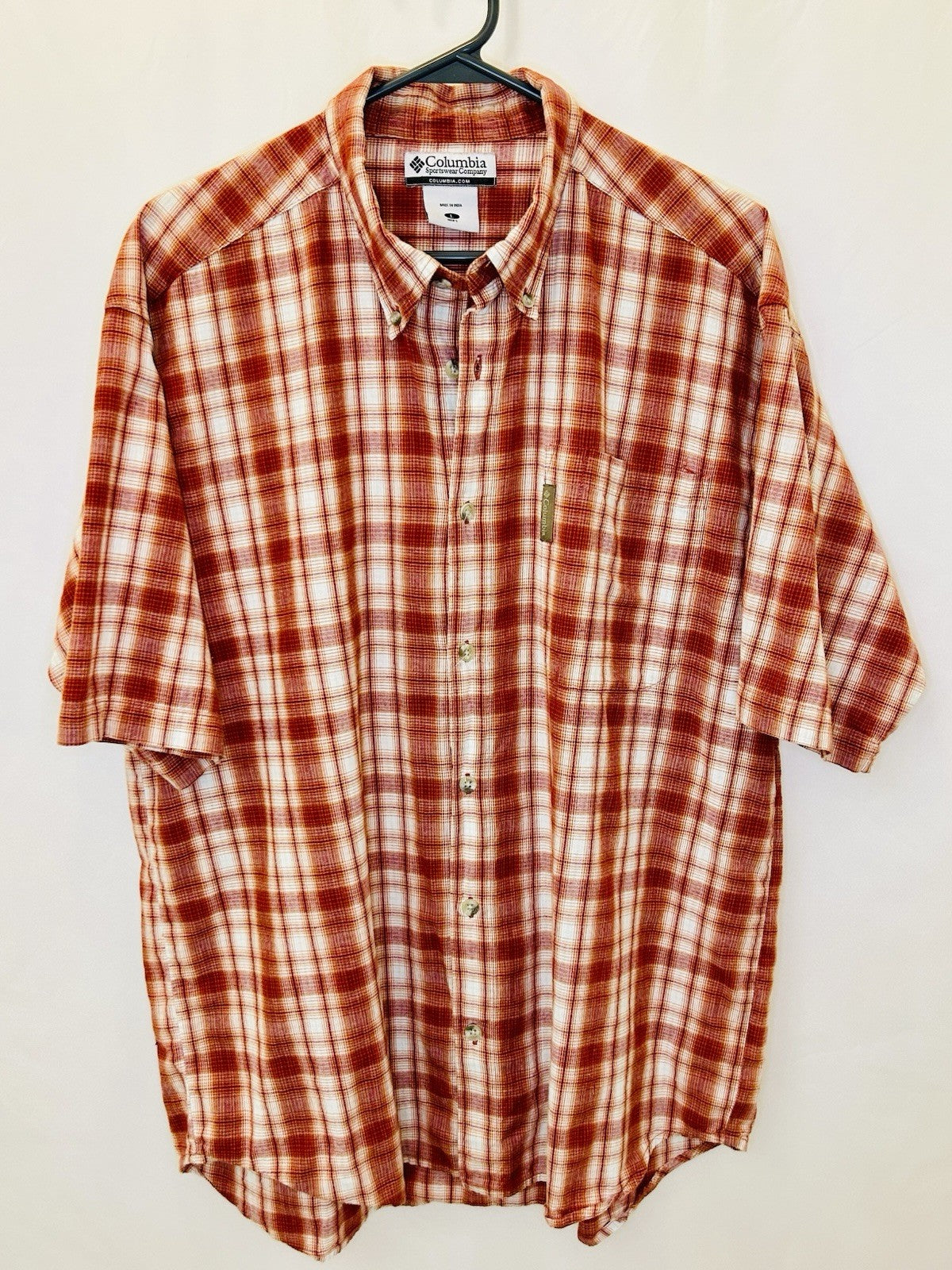 Columbia Plaid Button Up Shirt Short Sleeve Outdoor Casual Red White Large