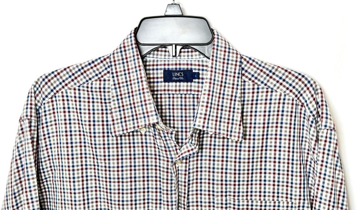 Lincs by David Chu Men’s Large L/S Button Down Shirt Red Blue Plaid Cotton