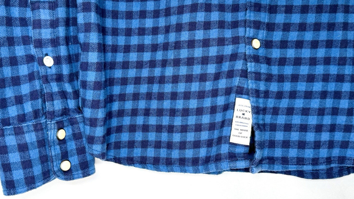 Lucky Brand Saturday Stretch Blue Plaid Men’s Large Pearl Snap Flannel Shirt