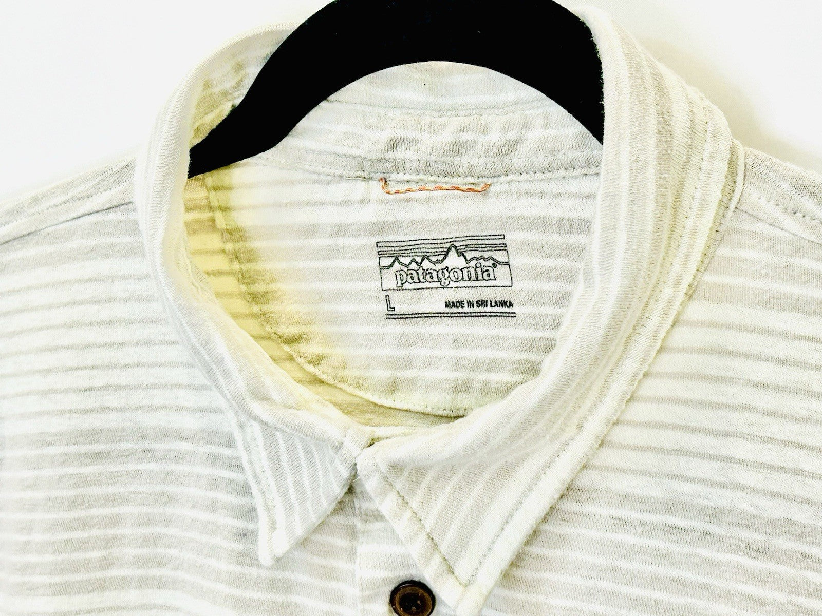 Patagonia Mens Large Trail Harbor Beige Striped Hemp Cotton Golf Polo Shirt