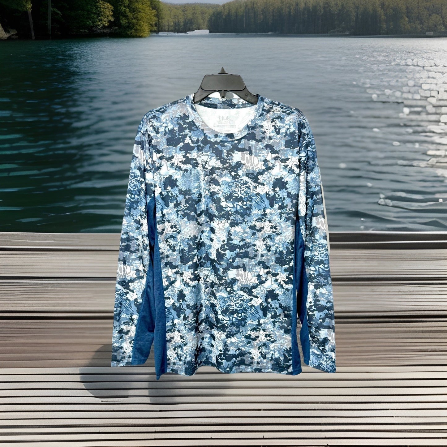 Huk Icon X Tide Change Camo Long Sleeve Fishing Shirt Men's Size Large Blue