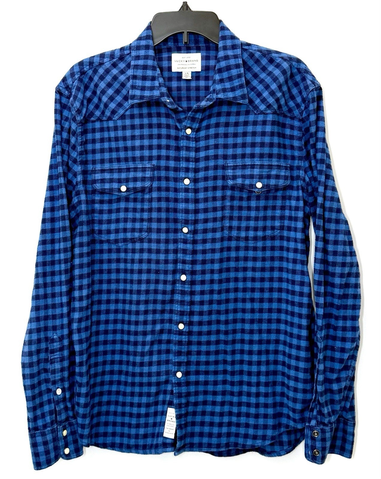 Lucky Brand Saturday Stretch Blue Plaid Men’s Large Pearl Snap Flannel Shirt
