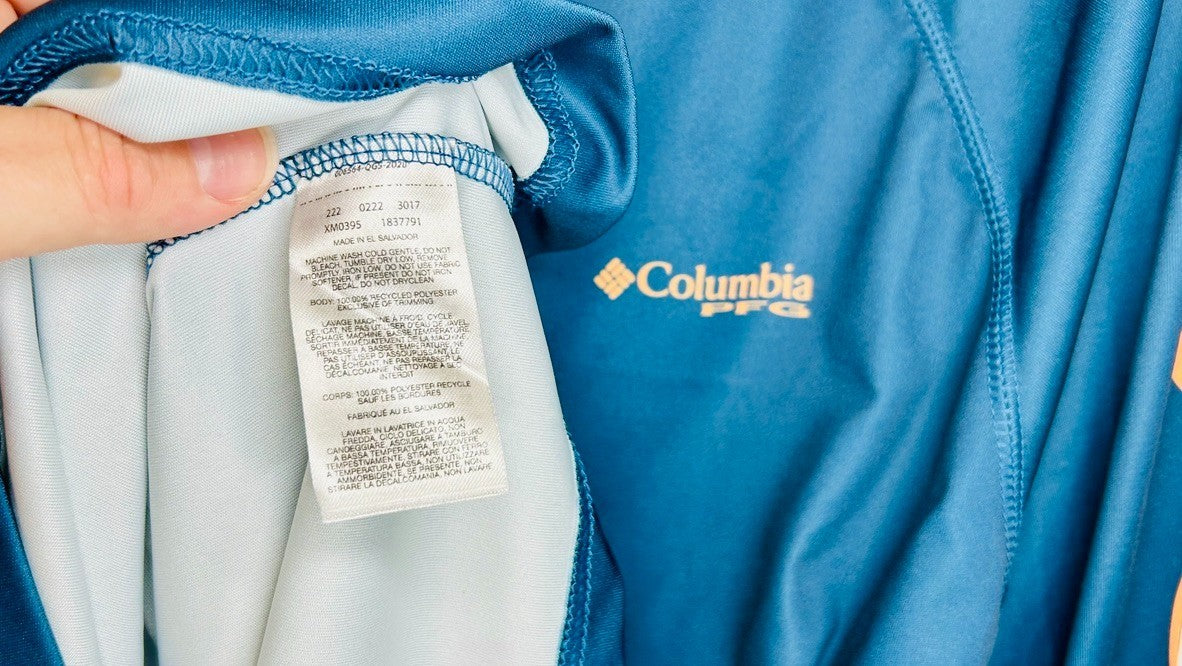 Columbia Fishing Shirt Mens Long Sleeve Fish USA Flag Blue Size Medium
