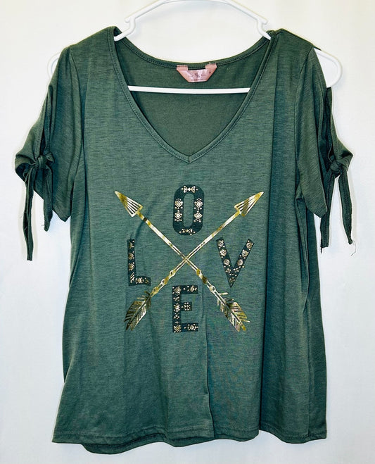 SJS Top Women’s Medium Short Sleeve Green Pullover Cool Shoulder Casual Preppy