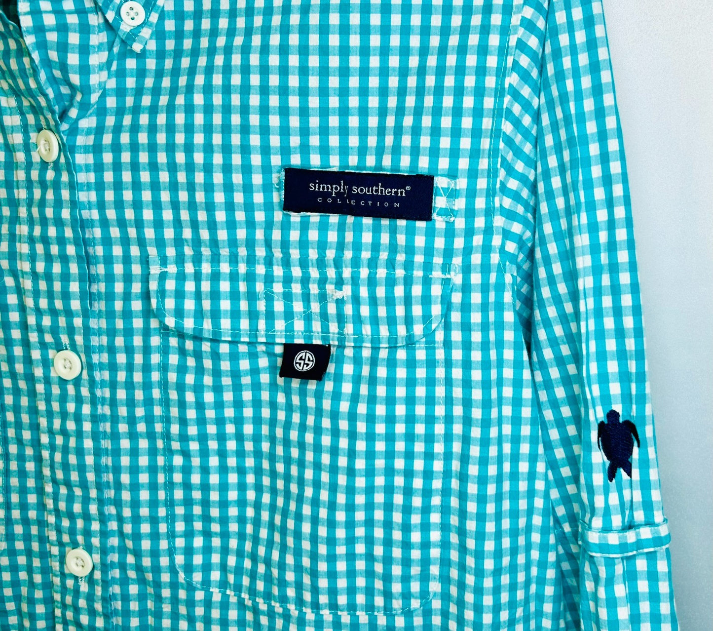 Simply  Southern Button Down Shirt Mens Small Teal Green Plaid Logo Collared L/S