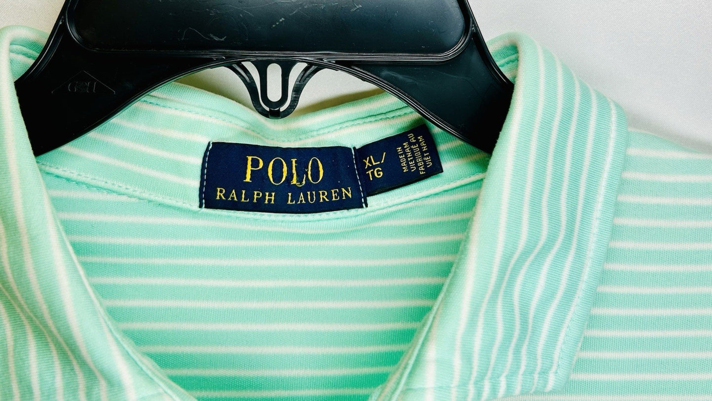 Polo Ralph Lauren Green Navy Striped Performance Short Sleeve Shirt Pocket $98
