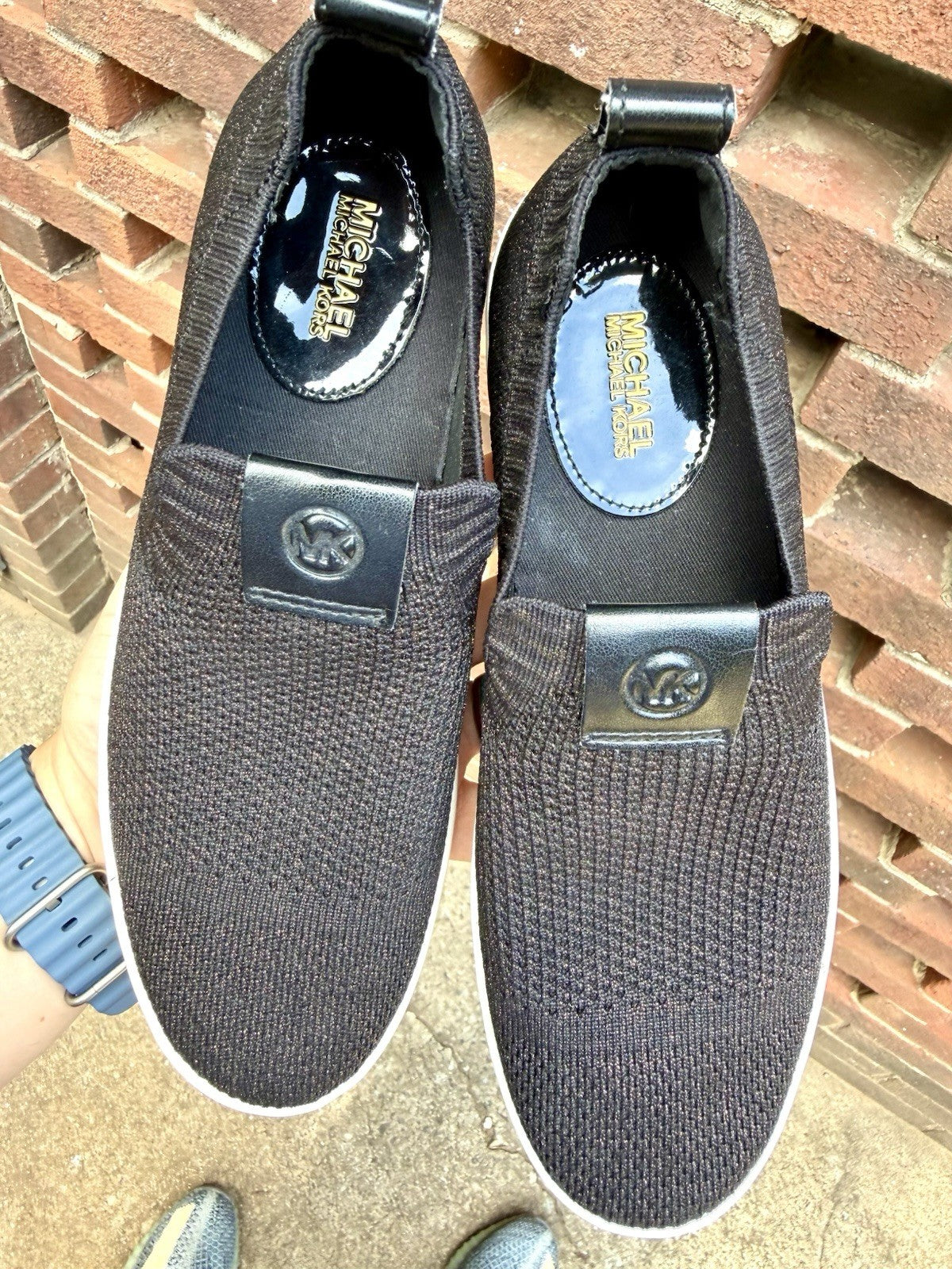 MICHAEL KORS Juno Knit Slip On Sneakers Black Bronze Metallic Women’s Size 7 M