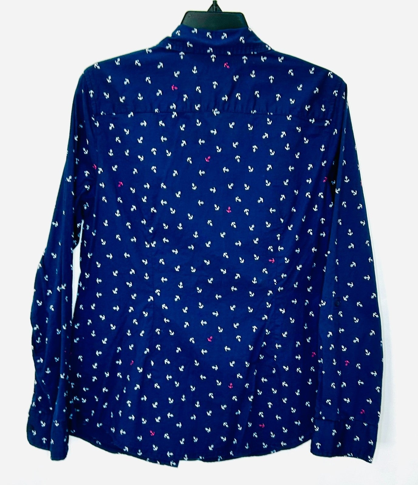 Tommy Hilfiger Women's Large Blue Button Up Shirt Anchor Print Top Long Sleeve