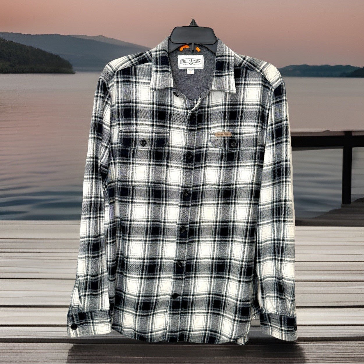 FIELD & STREAM Mens XL Flannel Shirt Black White Plaid Long Sleeve Heavyweight