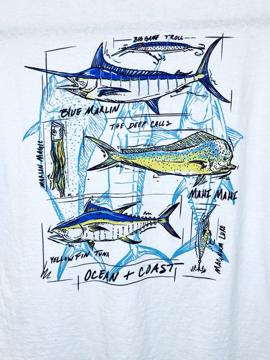 Ocean Coast White Fish Graphic Short Sleeve Shirt - Men’s Medium