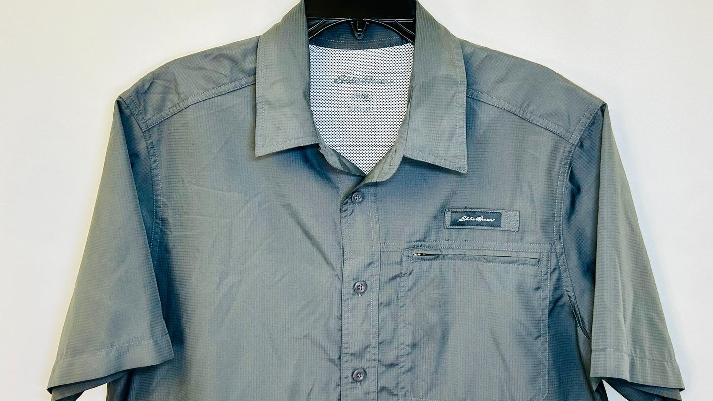 Eddie Bauer Shirt Men's M Gray Tech Woven Vented Pocket Fishing Hiking Outdoor