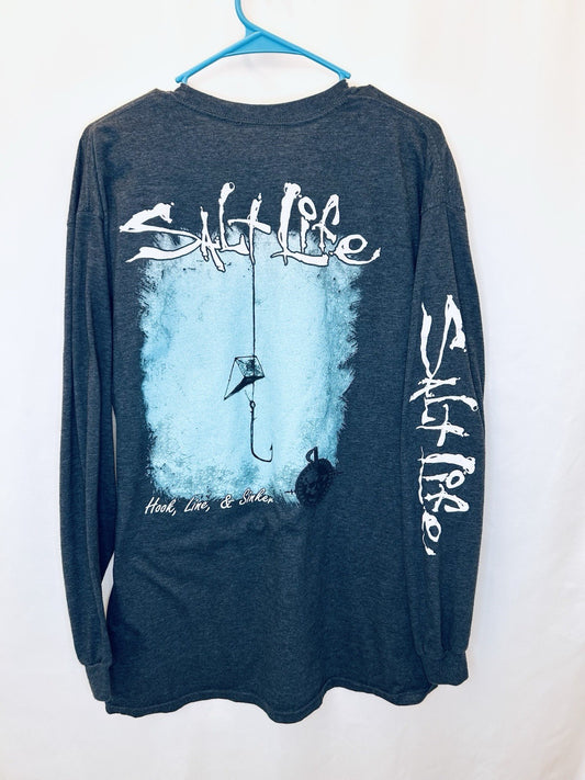 Salt Life Graphic T-shirt Mens XL Cotton Grey Long Sleeve | Hook, Line, Sinker