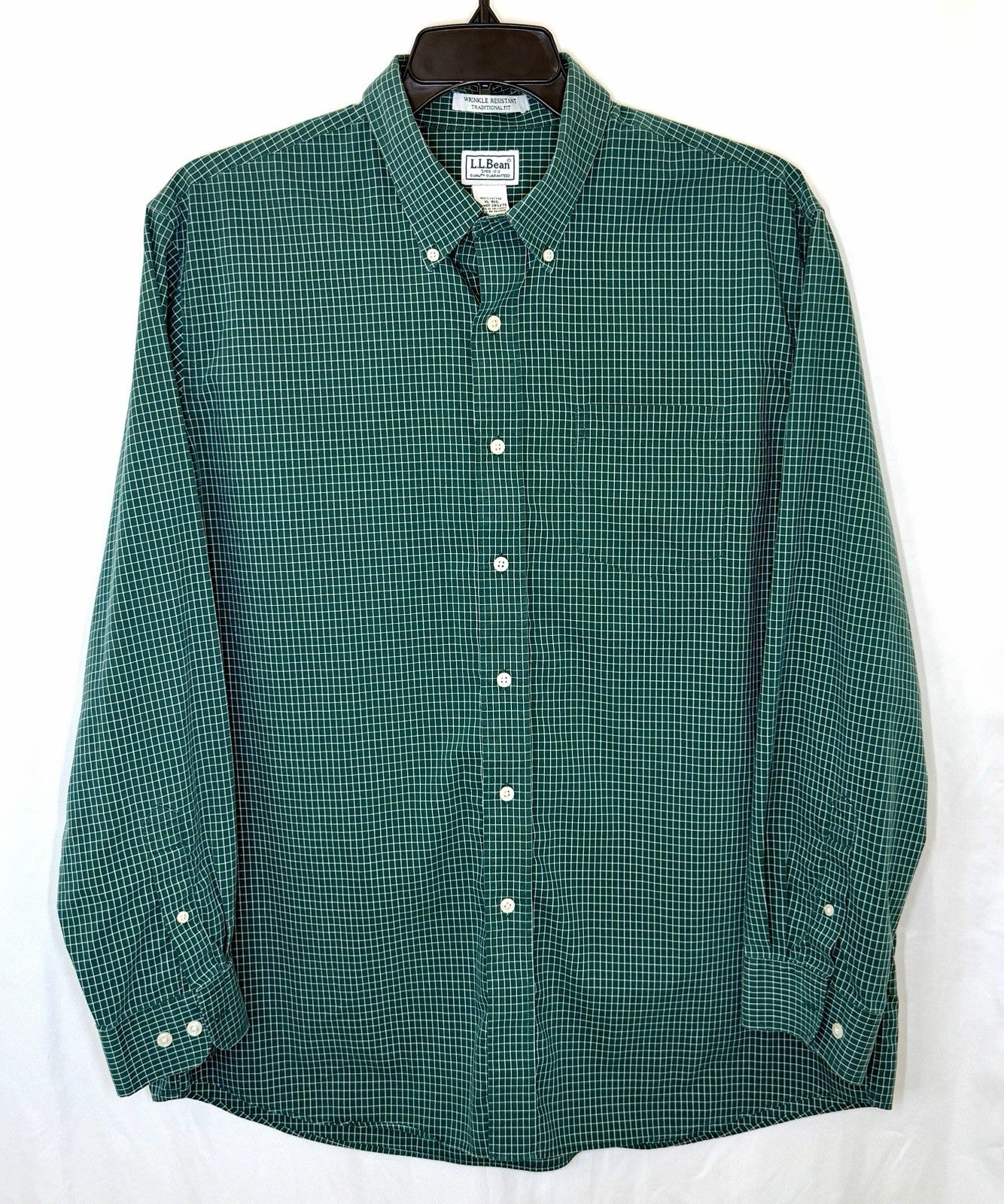 LL Bean Shirt Men XL Green Traditional Fit Windowpane Check Dress