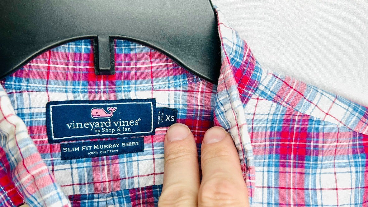 Vineyard Vines Slim Fit Tucker Shirt Men's X-Small plaid blue pink long sleeve