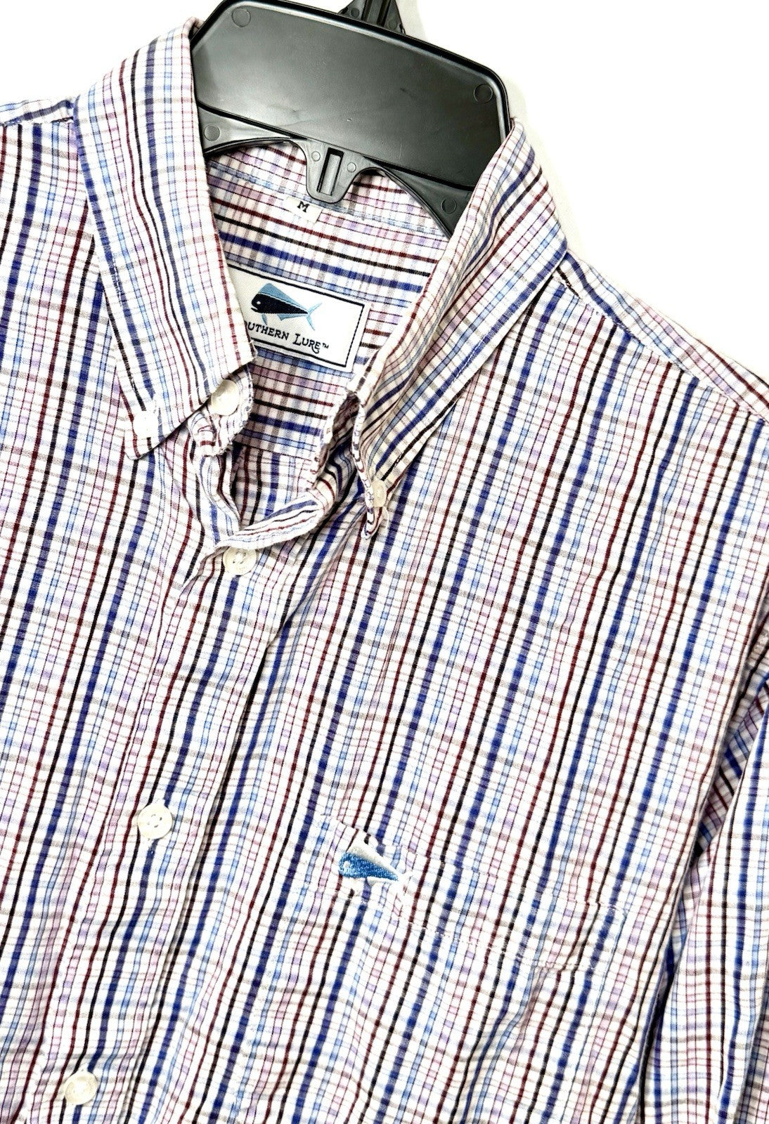 Southern Lure Shirt Men Large Long Sleeve Button Up Red White Blue Check w Logo
