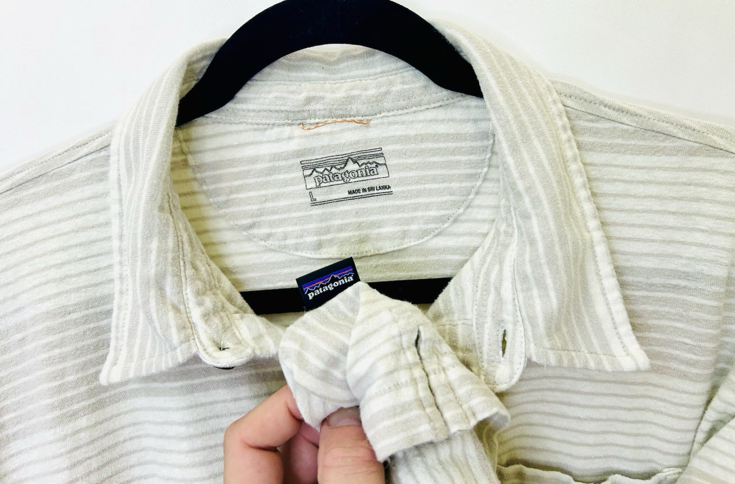 Patagonia Mens Large Trail Harbor Beige Striped Hemp Cotton Golf Polo Shirt