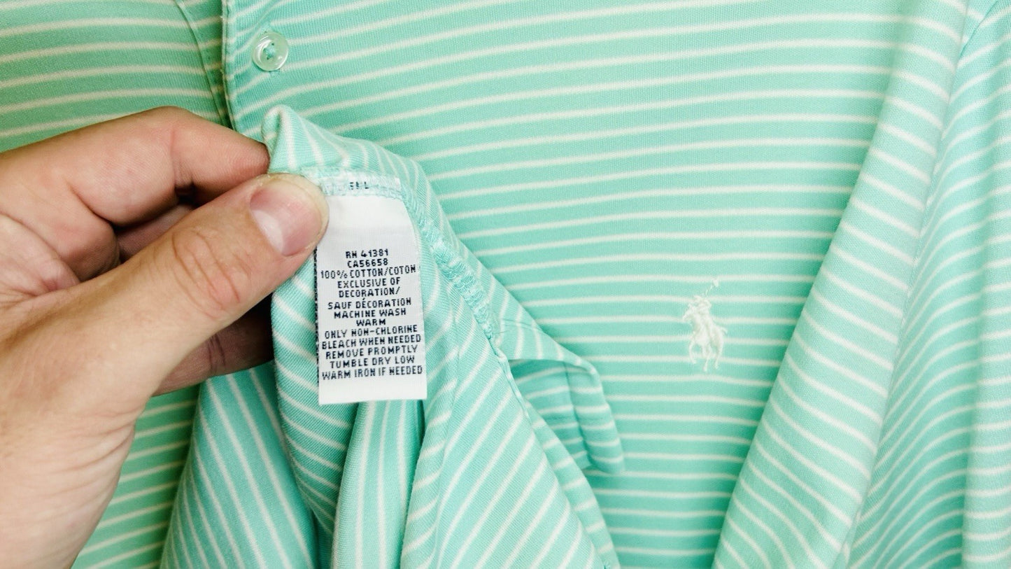 Polo Ralph Lauren Green Navy Striped Performance Short Sleeve Shirt Pocket $98