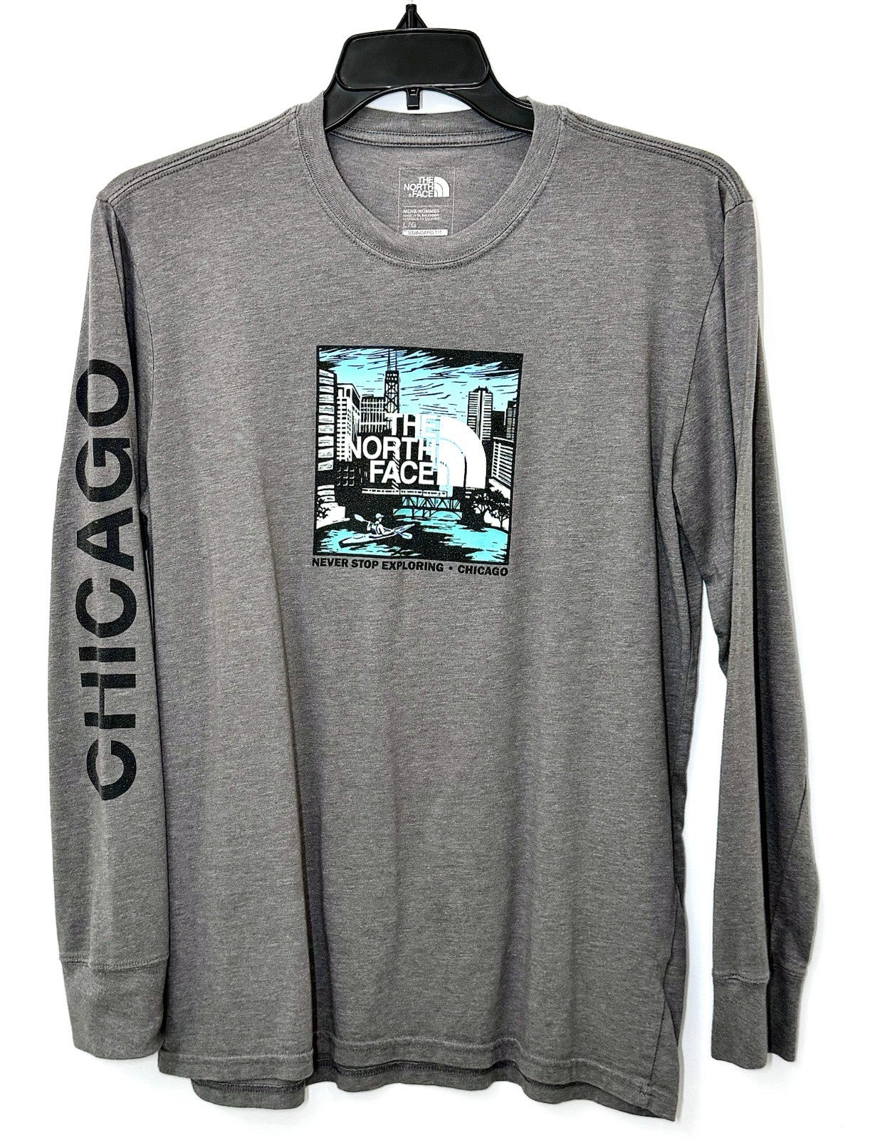 THE NORTH FACE Never Stop Exploring CHICAGO Grey L/S Graphic Tee Size Large RARE