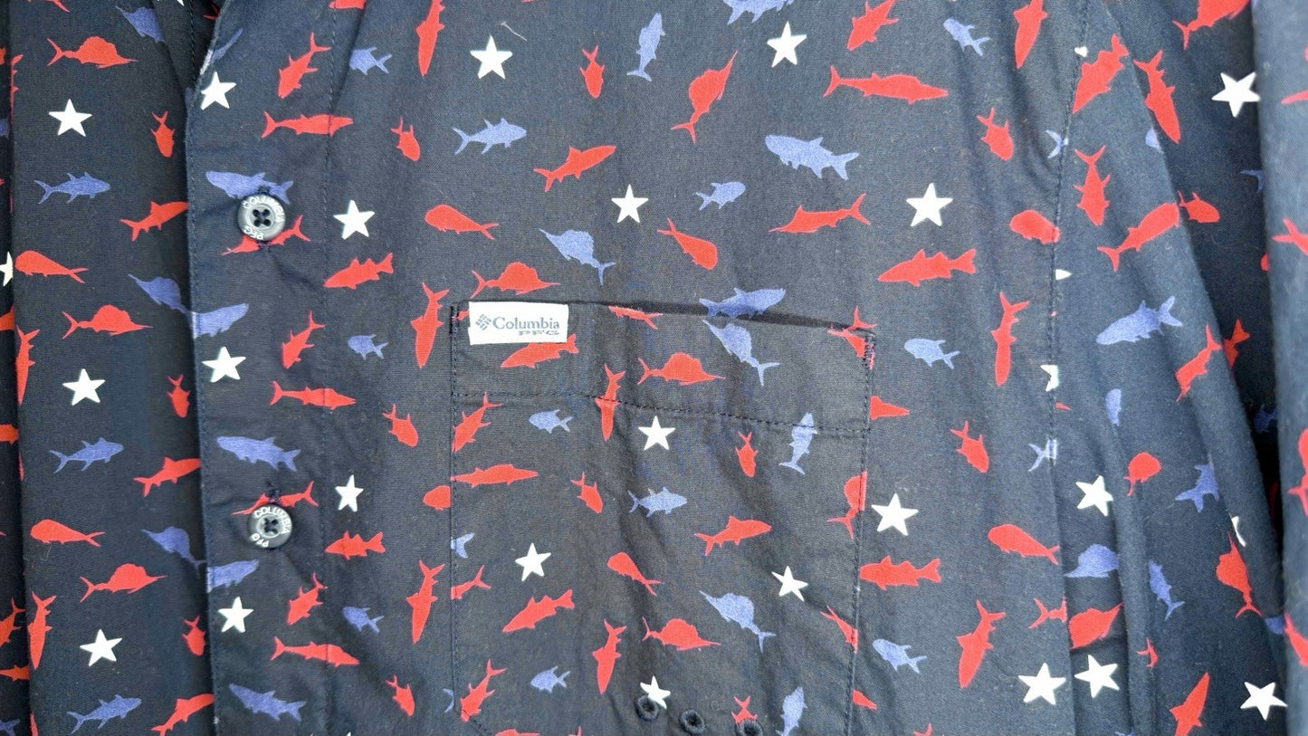 Columbia PFG Fish All OverShort Sleeve Button Front Shirt Men's Small Blue