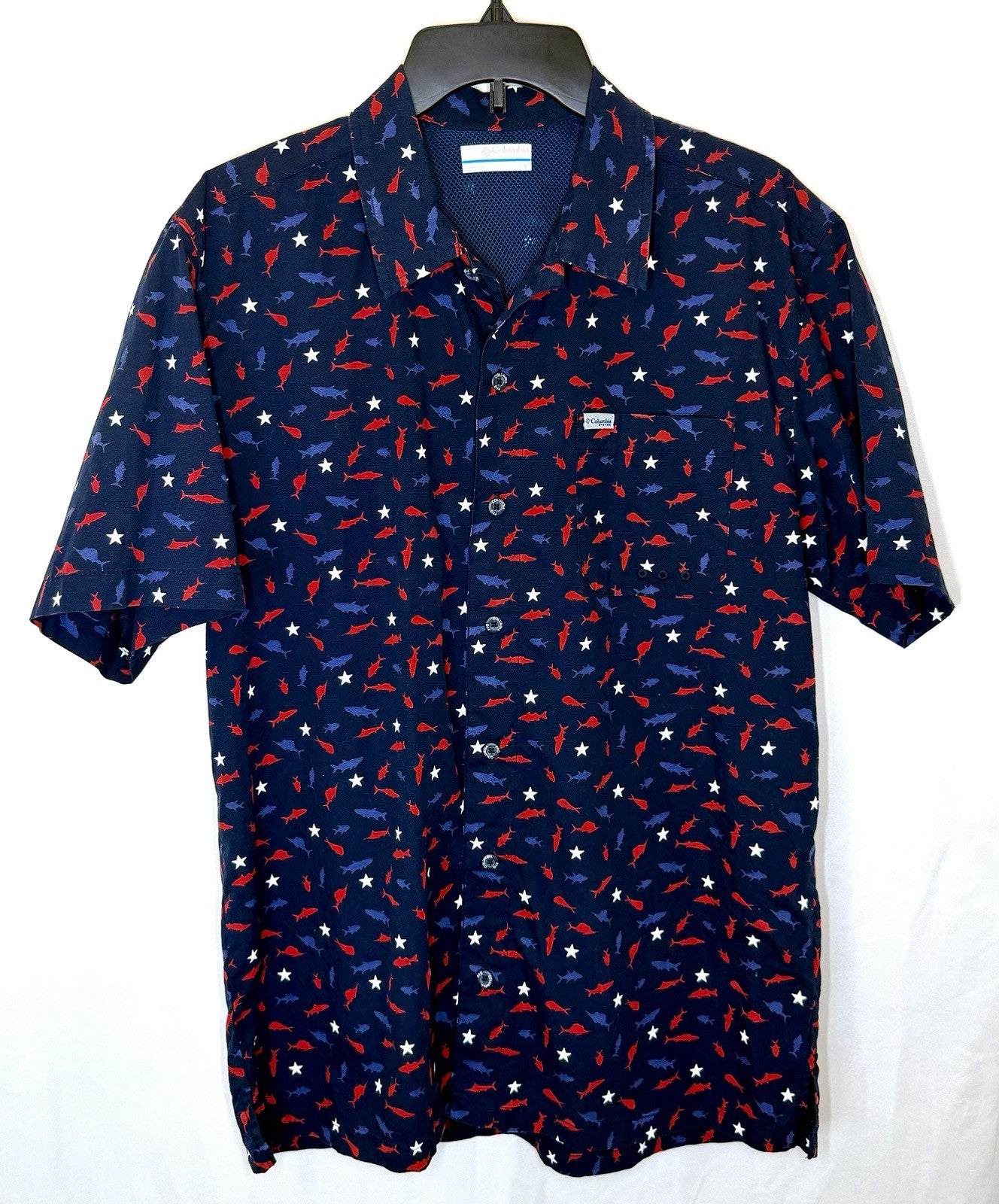 Columbia PFG Fish All OverShort Sleeve Button Front Shirt Men's Small Blue