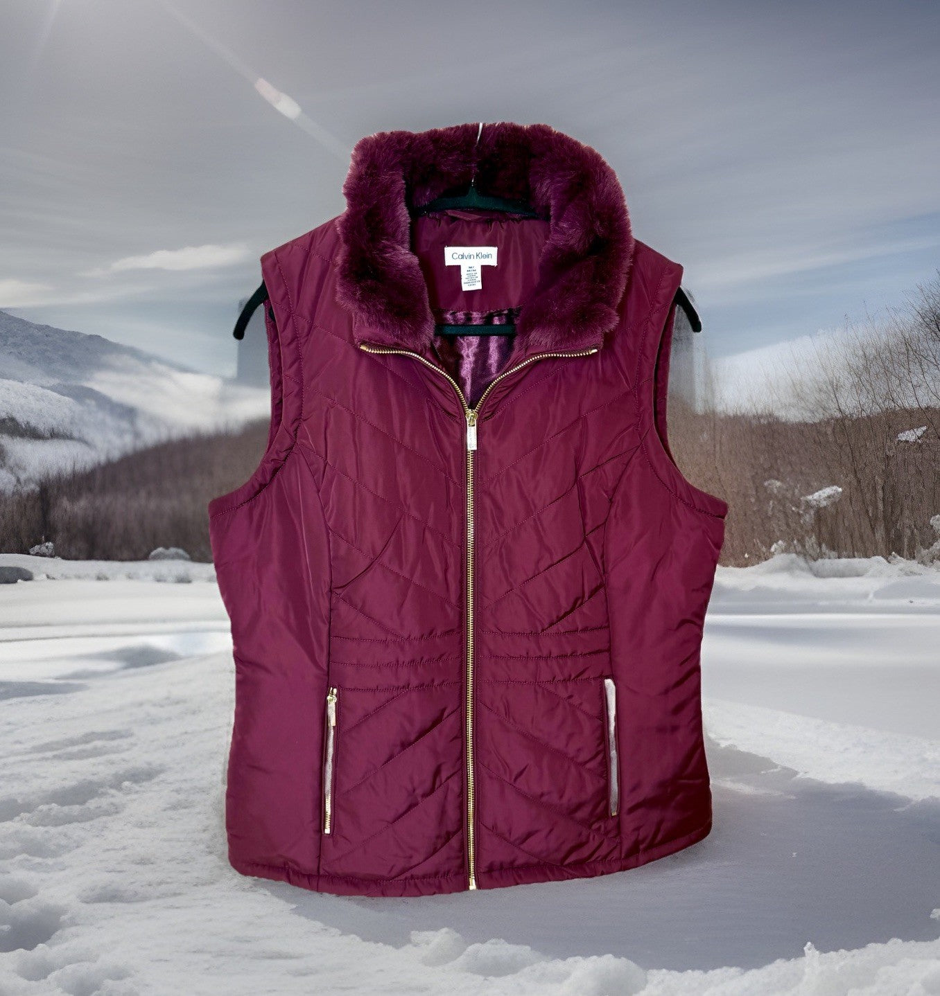 Calvin Klein Burgundy Puffer Vest  Zip Front Zip Pockets Polyester Size Medium