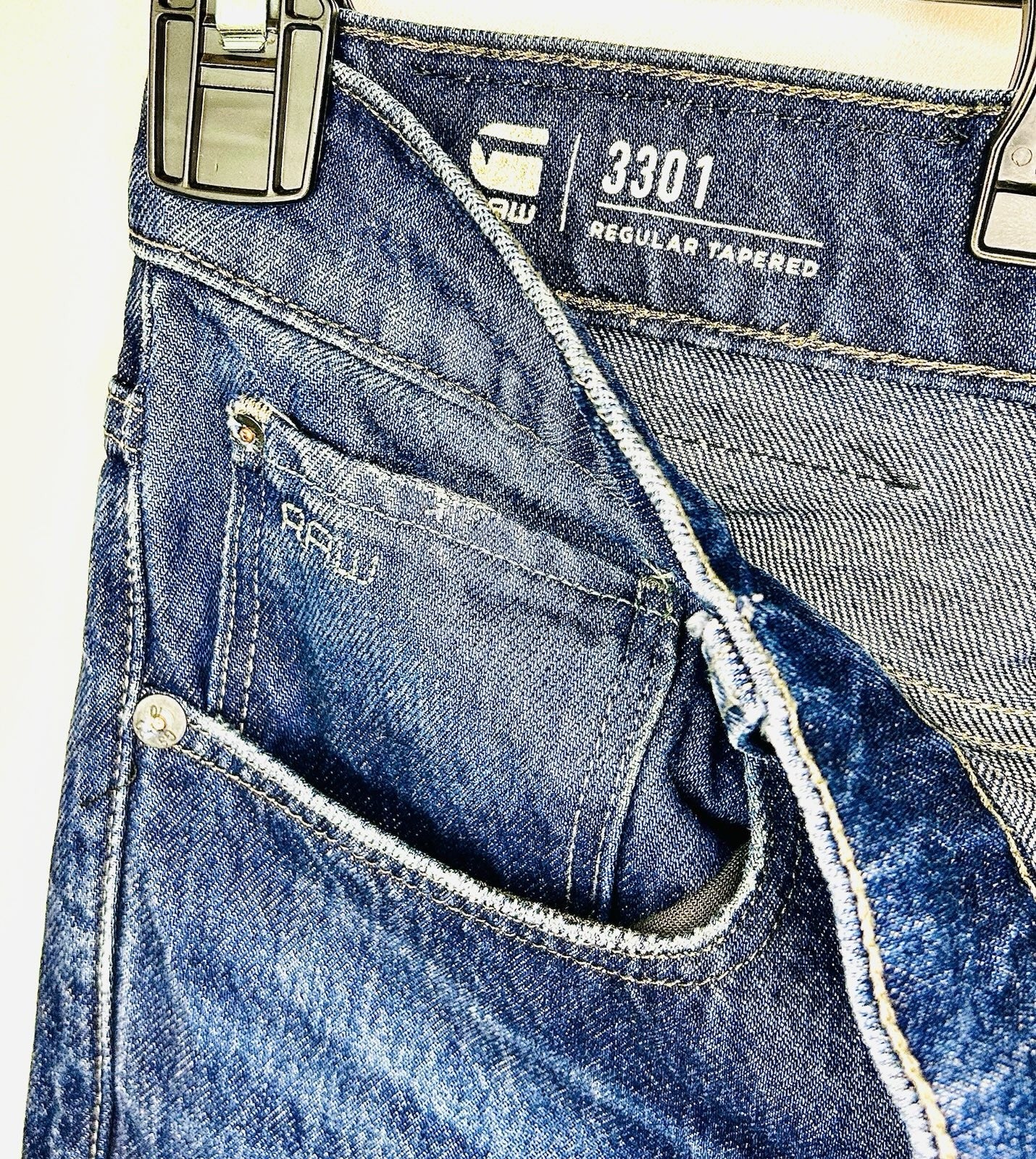 G-Star Raw Jeans Men’s 34x32 Blue Denim Slim 3301 Regular Tapered