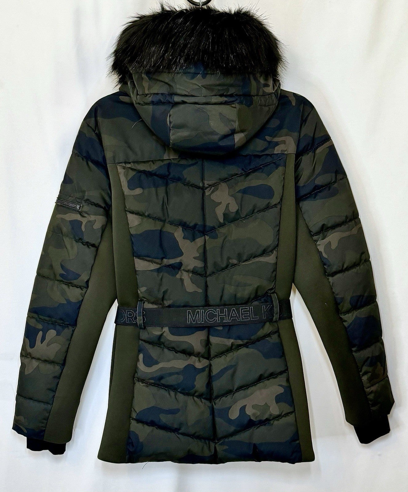 Michael Kors Camo Puffer Faux Fur Trim Hooded Coat Jacket Belted Size Large NWOT