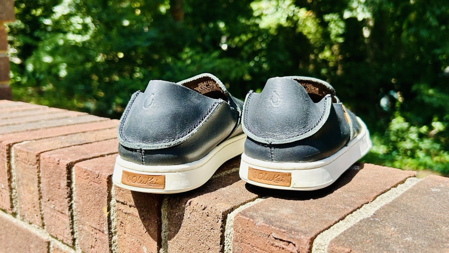 OluKai Women's 7 Shoes Black Slip-On Sneakers Pehuea Leather Loafer Boat Shoes
