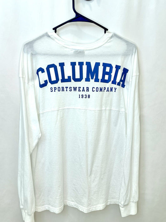 Columbia White Long Sleeve Tshirt Size Medium Spellout Sleeve Graphic Relaxed